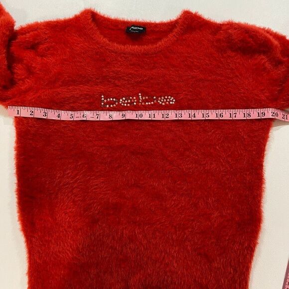 bebe Red Fuzzy Logo Sweater Size L Soft Long Sleeve Pullover - Picture 4 of 9